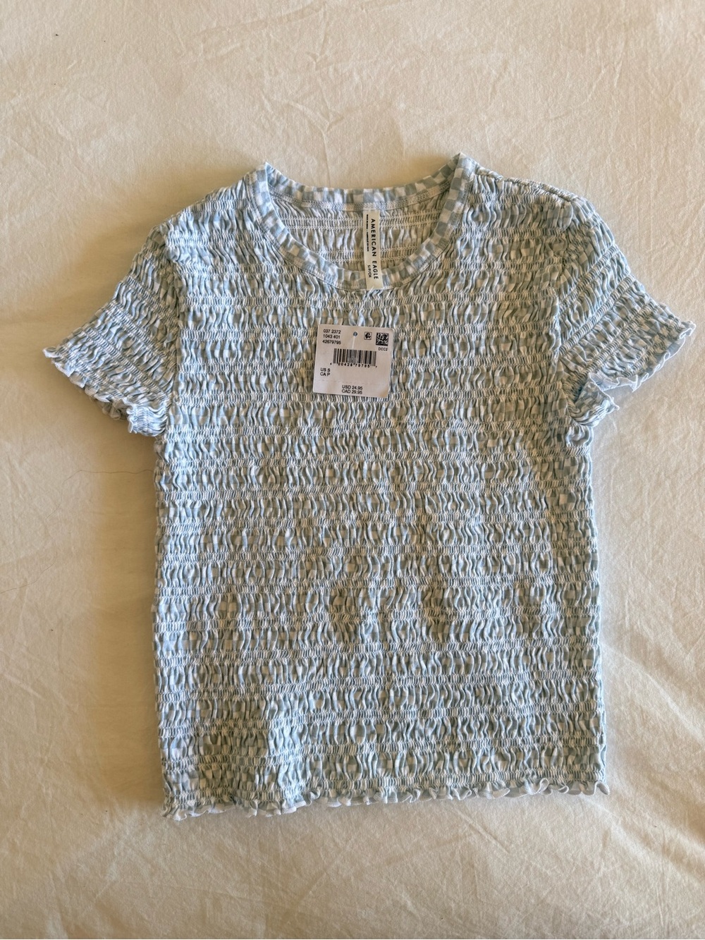 NWT American Eagle Smocked Hey Baby Tee Blue Gingham Size Small